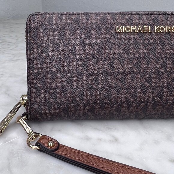 Michael Kors Continental Wallet JetSet Zippered Large Brown Wristlet Leather - Picture 5 of 16